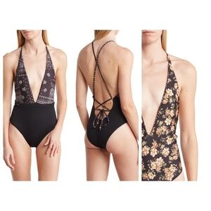 NWT Maaji Black Bandana Rainbow Plunge Neck Reversible One-Piece Swimsuit Sz M